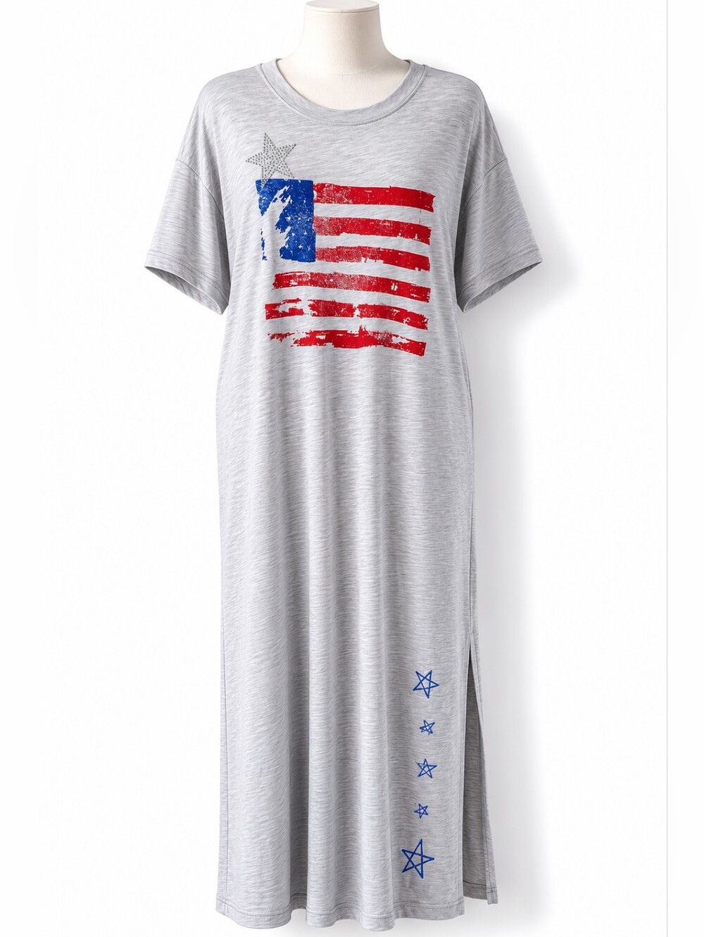 All Us NWT Gray Cotton American Flag Graphic Print Maxi Dress Sz M Summer Party